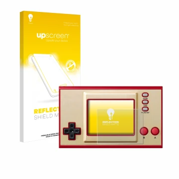 Vorderseite einer Produktverpackung mit dem Markenlogo upscreen. Daneben ist das Gerät Nintendo Game & Watch Super Mario Bros 