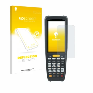 Vorderseite einer Produktverpackung mit dem Markenlogo upscreen. Daneben ist das Gerät Zebra MC2200 mit dem zugehörigen Displa