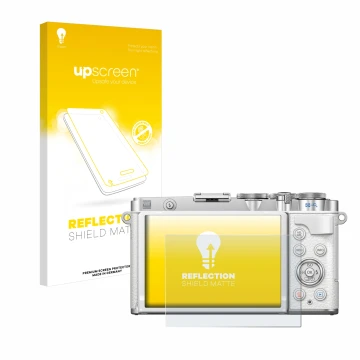 Vorderseite einer Produktverpackung mit dem Markenlogo upscreen. Daneben ist das Gerät Olympus PEN E-P7 mit dem zugehörigen Di