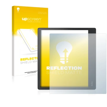 Vorderseite einer Produktverpackung mit dem Markenlogo upscreen. Daneben ist das Gerät Kobo Elipsa mit dem zugehörigen Display