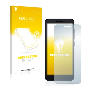 Vorderseite einer Produktverpackung mit dem Markenlogo upscreen. Daneben ist das Gerät Alcatel 1 (2021) mit dem zugehörigen Di