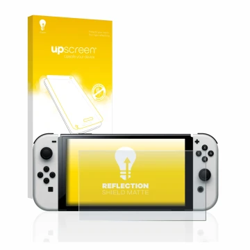 Vorderseite einer Produktverpackung mit dem Markenlogo upscreen. Daneben ist das Gerät Nintendo Switch OLED-Modell mit dem zug