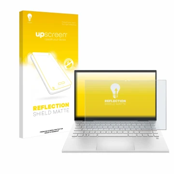 Vorderseite einer Produktverpackung mit dem Markenlogo upscreen. Daneben ist das Gerät HP Pavilion x360 (14-dyX) mit dem zugeh