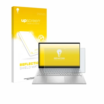 Vorderseite einer Produktverpackung mit dem Markenlogo upscreen. Daneben ist das Gerät HP Pavilion x360 Convertible 15-erX mit