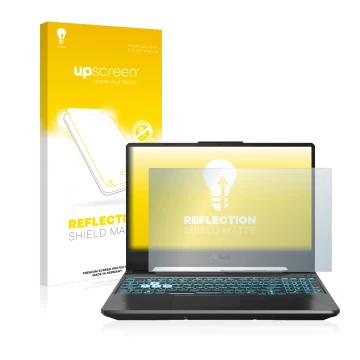 Vorderseite einer Produktverpackung mit dem Markenlogo upscreen. Daneben ist das Gerät ASUS TUF Gaming A15 mit dem zugehörigen