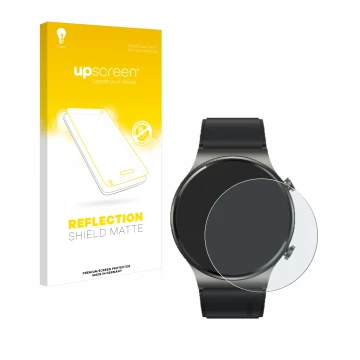 Vorderseite einer Produktverpackung mit dem Markenlogo upscreen. Daneben ist das Gerät Huawei Watch GT 2 Pro ECG mit dem zugeh
