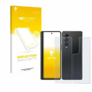 Vorderseite einer Produktverpackung mit dem Markenlogo upscreen. Daneben ist das Gerät Samsung Galaxy Z Fold 3 5G (Display+Rüc