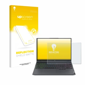 Vorderseite einer Produktverpackung mit dem Markenlogo upscreen. Daneben ist das Gerät Lenovo Legion 5 Pro mit dem zugehörigen