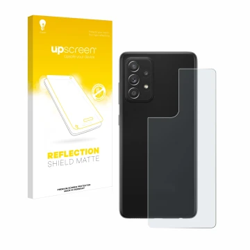 Vorderseite einer Produktverpackung mit dem Markenlogo upscreen. Daneben ist das Gerät Samsung Galaxy A52s 5G (Rückseite) mit 