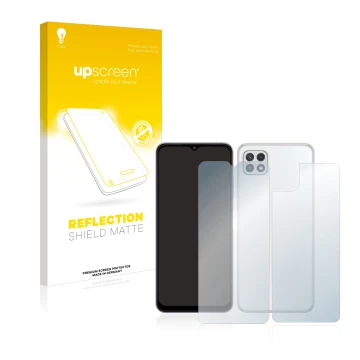 Vorderseite einer Produktverpackung mit dem Markenlogo upscreen. Daneben ist das Gerät Samsung Galaxy A22 5G (Display+Rückseit