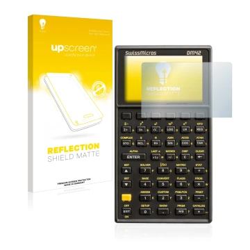 Vorderseite einer Produktverpackung mit dem Markenlogo upscreen. Daneben ist das Gerät SwissMicros DM42 mit dem zugehörigen Di