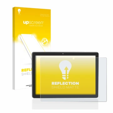 Vorderseite einer Produktverpackung mit dem Markenlogo upscreen. Daneben ist das Gerät Majestic Tab-912 4G mit dem zugehörigen