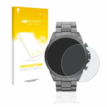 Vorderseite einer Produktverpackung mit dem Markenlogo upscreen. Daneben ist das Gerät Fossil Gen 6 (44mm) mit dem zugehörigen