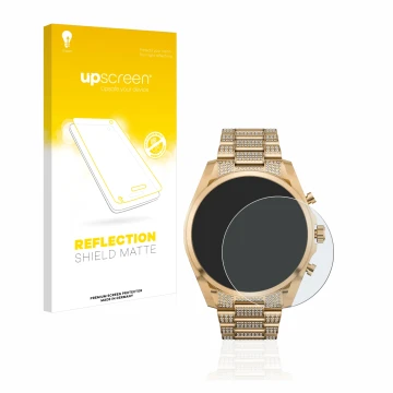 Vorderseite einer Produktverpackung mit dem Markenlogo upscreen. Daneben ist das Gerät Michael Kors Access Gen 6 Bradshaw mit 