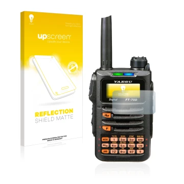 Vorderseite einer Produktverpackung mit dem Markenlogo upscreen. Daneben ist das Gerät Yaesu FT-70DR mit dem zugehörigen Displ