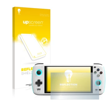 Vorderseite einer Produktverpackung mit dem Markenlogo upscreen. Daneben ist das Gerät AYN Odin mit dem zugehörigen Displaysch