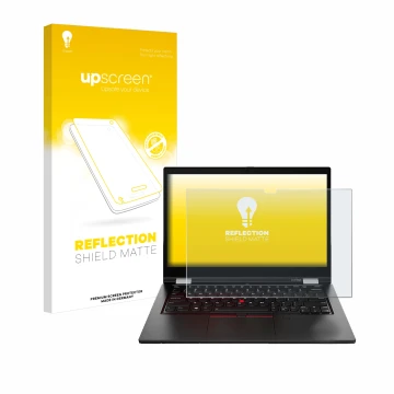 Vorderseite einer Produktverpackung mit dem Markenlogo upscreen. Daneben ist das Gerät Lenovo ThinkPad L13 Yoga Gen 2 mit dem 