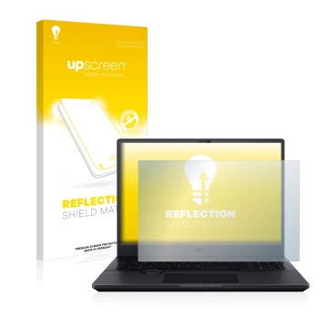 Vorderseite einer Produktverpackung mit dem Markenlogo upscreen. Daneben ist das Gerät ASUS ProArt StudioBook Pro 16 OLED mit 