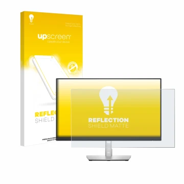 Vorderseite einer Produktverpackung mit dem Markenlogo upscreen. Daneben ist das Gerät Dell P2422H mit dem zugehörigen Display