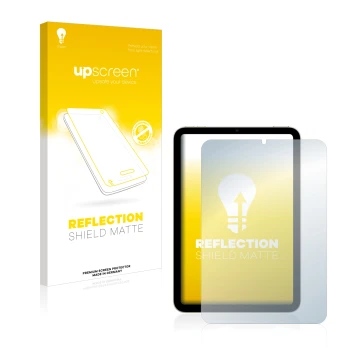 Vorderseite einer Produktverpackung mit dem Markenlogo upscreen. Daneben ist das Gerät Apple iPad Mini 6 2021 mit dem zugehöri