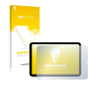 Vorderseite einer Produktverpackung mit dem Markenlogo upscreen. Daneben ist das Gerät Apple iPad Mini 6 2021 (im Querformat, 