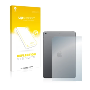 Vorderseite einer Produktverpackung mit dem Markenlogo upscreen. Daneben ist das Gerät Apple iPad 10.2