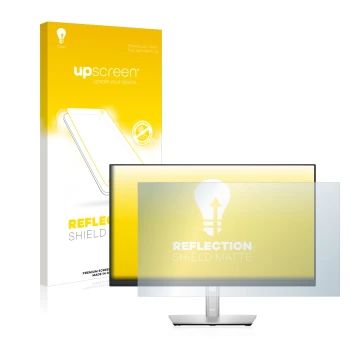 Vorderseite einer Produktverpackung mit dem Markenlogo upscreen. Daneben ist das Gerät Dell P2422HE mit dem zugehörigen Displa