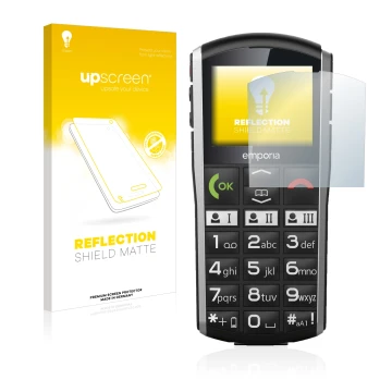 Vorderseite einer Produktverpackung mit dem Markenlogo upscreen. Daneben ist das Gerät Emporia Simplicity mit dem zugehörigen 