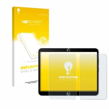 Vorderseite einer Produktverpackung mit dem Markenlogo upscreen. Daneben ist das Gerät Microsoft Surface Duo 2 (Inneres Displa