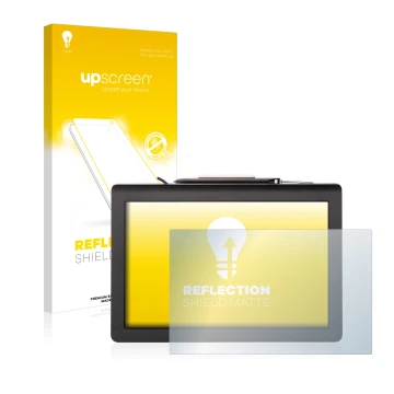 Vorderseite einer Produktverpackung mit dem Markenlogo upscreen. Daneben ist das Gerät Signotec Pen Display Delta (Touch) mit 