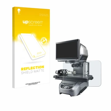 Vorderseite einer Produktverpackung mit dem Markenlogo upscreen. Daneben ist das Gerät Keyence IM-8030 Glasplatte mit dem zuge