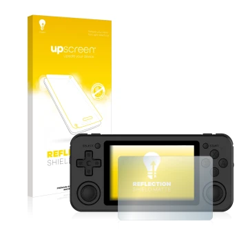 Vorderseite einer Produktverpackung mit dem Markenlogo upscreen. Daneben ist das Gerät Anbernic RG351P mit dem zugehörigen Dis