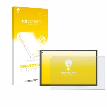 Vorderseite einer Produktverpackung mit dem Markenlogo upscreen. Daneben ist das Gerät Amazon Echo Show 15 mit dem zugehörigen