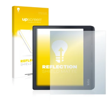 Vorderseite einer Produktverpackung mit dem Markenlogo upscreen. Daneben ist das Gerät Kobo Sage mit dem zugehörigen Displaysc