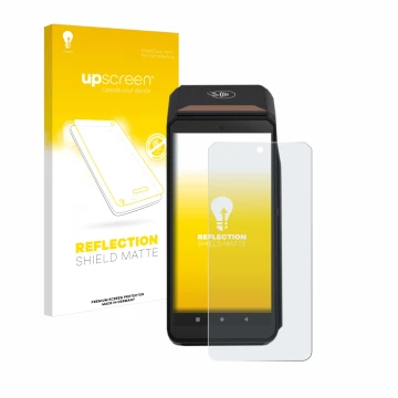 Vorderseite einer Produktverpackung mit dem Markenlogo upscreen. Daneben ist das Gerät ingenico Axium DX8000 mit dem zugehörig