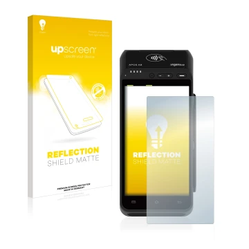 Vorderseite einer Produktverpackung mit dem Markenlogo upscreen. Daneben ist das Gerät ingenico Apos A8 mit dem zugehörigen Di