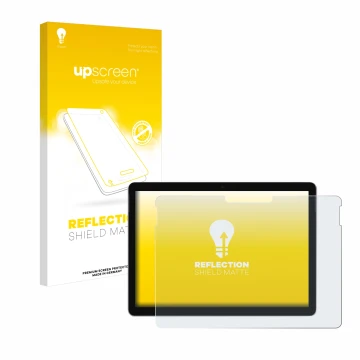 Vorderseite einer Produktverpackung mit dem Markenlogo upscreen. Daneben ist das Gerät Microsoft Surface Go 3 mit dem zugehöri