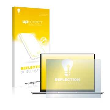 Vorderseite einer Produktverpackung mit dem Markenlogo upscreen. Daneben ist das Gerät Huawei MateBook 14 2021 mit dem zugehör