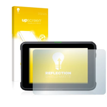 Vorderseite einer Produktverpackung mit dem Markenlogo upscreen. Daneben ist das Gerät Atomos Shinobi 7 mit dem zugehörigen Di