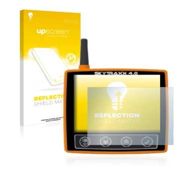 Vorderseite einer Produktverpackung mit dem Markenlogo upscreen. Daneben ist das Gerät Skytraxx 4.0 mit dem zugehörigen Displa