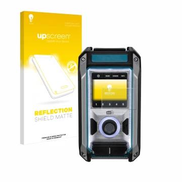 Vorderseite einer Produktverpackung mit dem Markenlogo upscreen. Daneben ist das Gerät Makita DMR115 mit dem zugehörigen Displ
