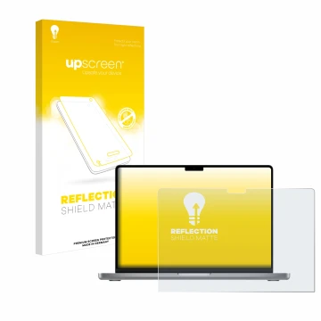 Vorderseite einer Produktverpackung mit dem Markenlogo upscreen. Daneben ist das Gerät Apple MacBook Pro 14