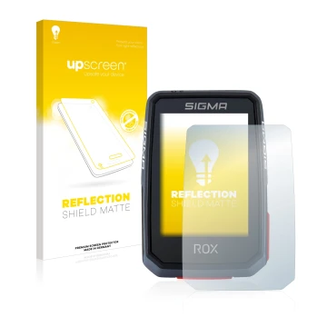 Vorderseite einer Produktverpackung mit dem Markenlogo upscreen. Daneben ist das Gerät Sigma ROX 2.0 mit dem zugehörigen Displ