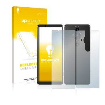 Vorderseite einer Produktverpackung mit dem Markenlogo upscreen. Daneben ist das Gerät Sony Xperia Pro-I (Display+Rückseite) m