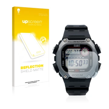 Vorderseite einer Produktverpackung mit dem Markenlogo upscreen. Daneben ist das Gerät Casio DW-291H mit dem zugehörigen Displ