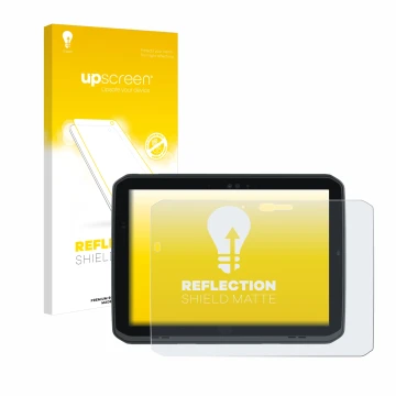 Vorderseite einer Produktverpackung mit dem Markenlogo upscreen. Daneben ist das Gerät Zebra ET80 mit dem zugehörigen Displays