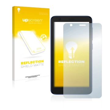 Vorderseite einer Produktverpackung mit dem Markenlogo upscreen. Daneben ist das Gerät ZTE Blade L9 mit dem zugehörigen Displa