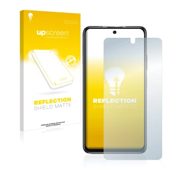 Vorderseite einer Produktverpackung mit dem Markenlogo upscreen. Daneben ist das Gerät Xiaomi Poco M4 Pro 5G mit dem zugehörig