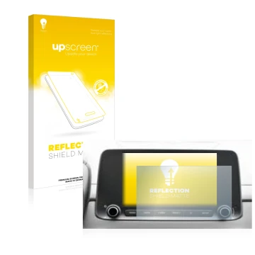 Vorderseite einer Produktverpackung mit dem Markenlogo upscreen. Daneben ist das Gerät Hyundai Kona 2021 Infotainment System 8