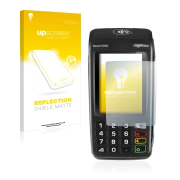 Vorderseite einer Produktverpackung mit dem Markenlogo upscreen. Daneben ist das Gerät ingenico Move 5000 mit dem zugehörigen 